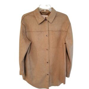Philosophy Sm Tan Khaki Brown Faux Leather Suede Shirt Jacket, Long Snap Front